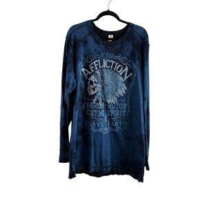 Affliction Men XXL Reversible Tie Dye Indian Chief Graphic Waffle Knit L/S Shirt